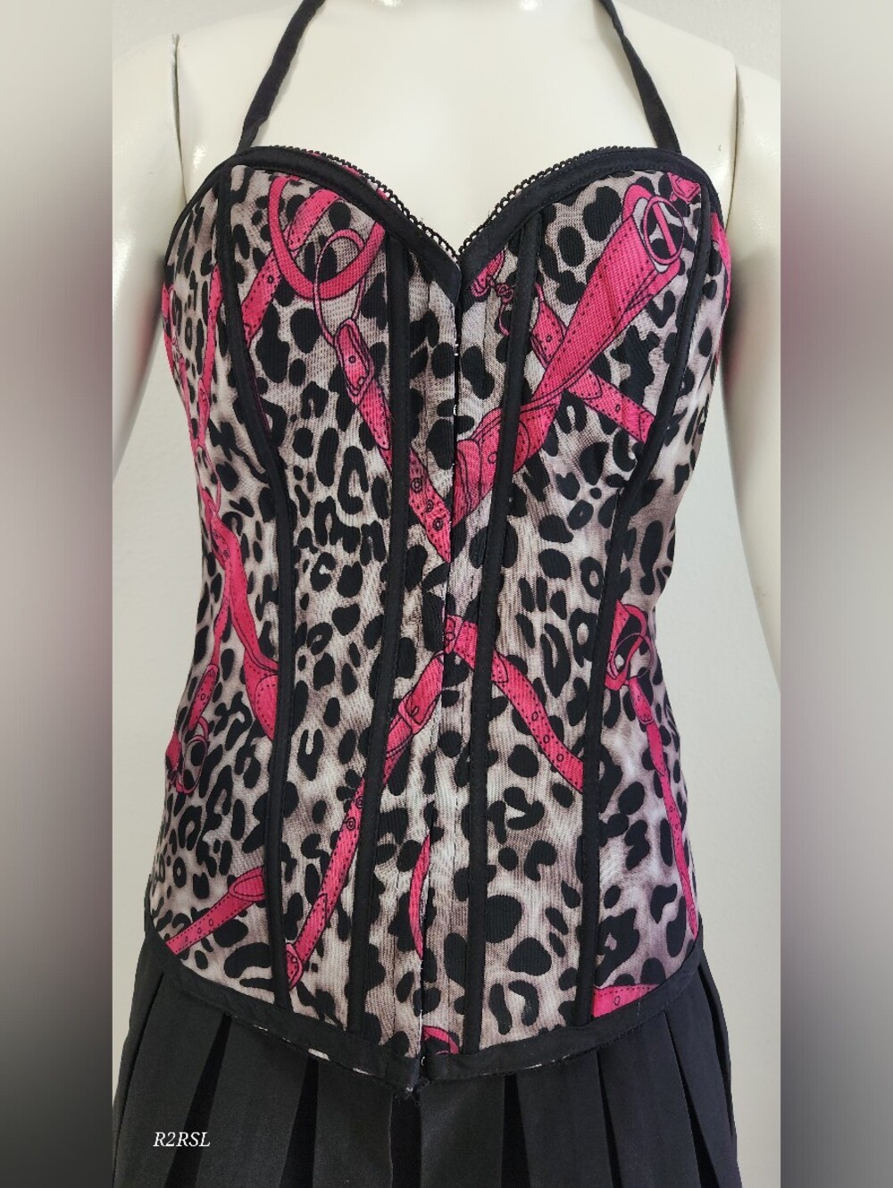Oh Le Black Leopard/Pink Belt Print Corset Top Womens L Baddie NWOTSee Descrptio